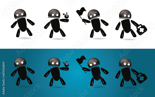 mascotte noir en forme de robot hightech en quatre positions