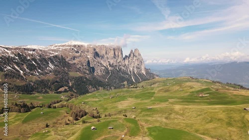 Beautiful aerial of the Sciliar/Schlern mountain area in the Dolomites. Alps, Trentino Alto Adige South Tyrol, Italy,