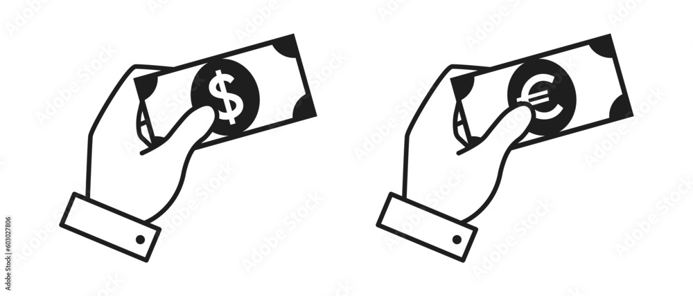 Hand holding banknote, vector icon set. Dollar and euro, paper money symbol. Banknote illustration Hand holding banknote, vector icon set. Dollar and euro, paper money symbol. Banknote illustration
