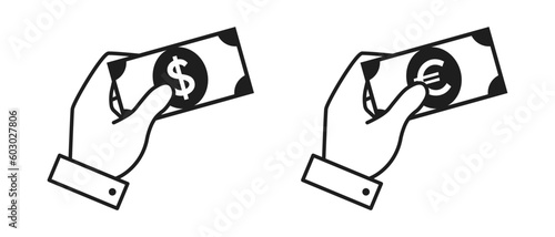 Hand holding banknote, vector icon set. Dollar and euro, paper money symbol. Banknote illustration