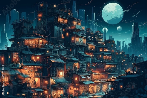  Illustration of a Serene Village at Night. Generative AI