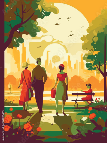 Happy family walking in park. Poster in retro style. Vector illustration