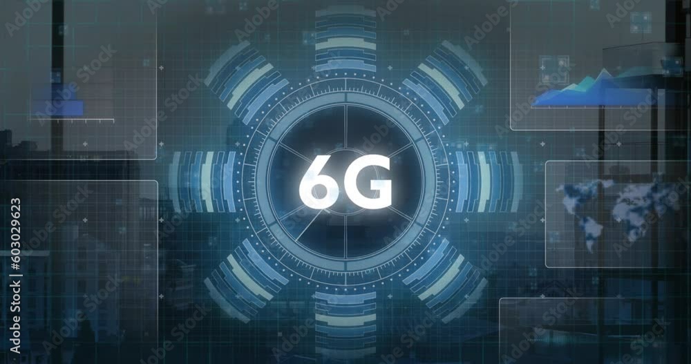 Animation of 6g text and data processing over cityscape Animation of 6g text and data processing over cityscape
