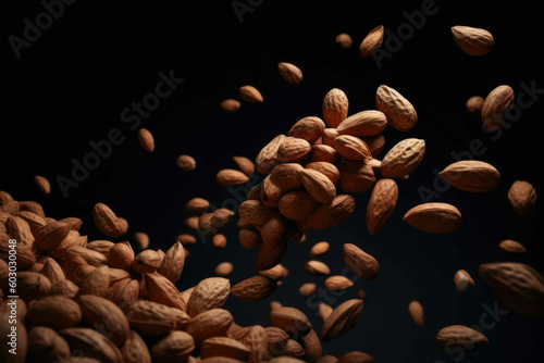 Many Delicious almond nuts floating in the air. Generative AI