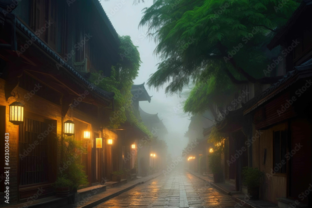In the evening, the streets ancient town are green and foggy. Generative AI