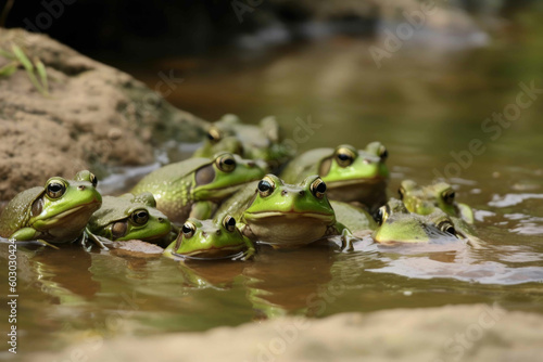 Group of frogs in river. Generative AI
