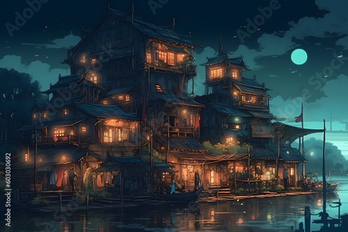  Illustration of a Serene Village at Night. Generative AI