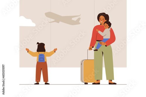 Young woman with her children at the airport. Small girl looks through the window with interest at taking-off airplane.People in departure hall watch the aircrafts. Travel concept.Vector illustration