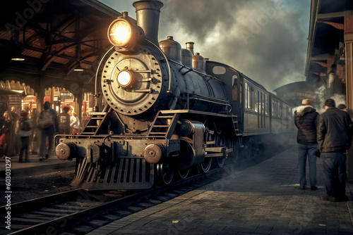 An antique steam locomotive at a busy train station. generative AI