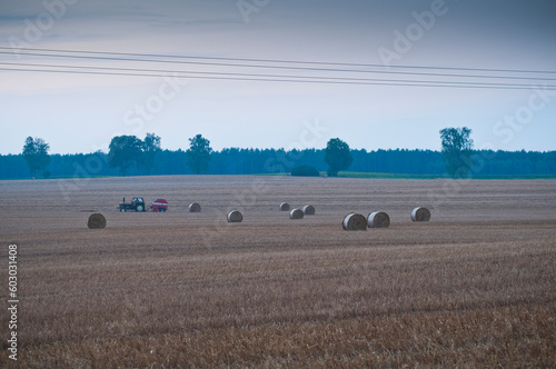 Obraz na płótnie Pole, żniwa, las, traktor, krajobraz w salonie