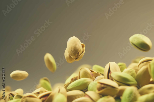 Many Delicious pistachios floating in the air. Generative AI