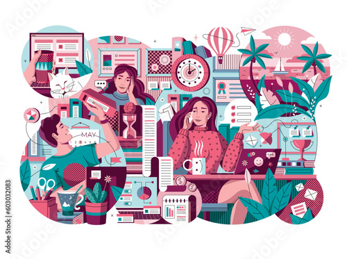 Vector illustration in a flat style illustrating the workflow. Office paraphernalia, business documents, equipment, papers, diagrams. Illustration for websites, applications, animations.