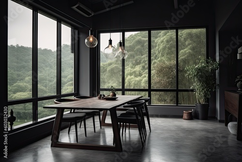 Modern Interior with a View: Moody Dining Room Perfect for Relaxing at Home, Generative AI © AIGen