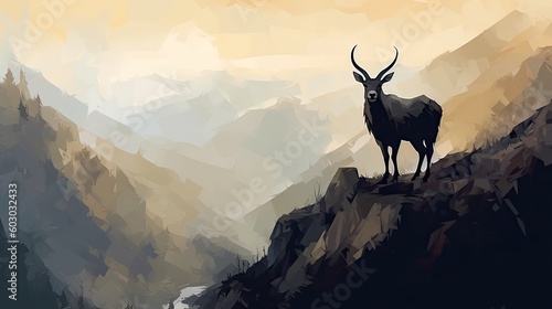 Majestic Mountainscapes: Stunning Silhouette of Wild Goat in the Wilderness, Generative AI
