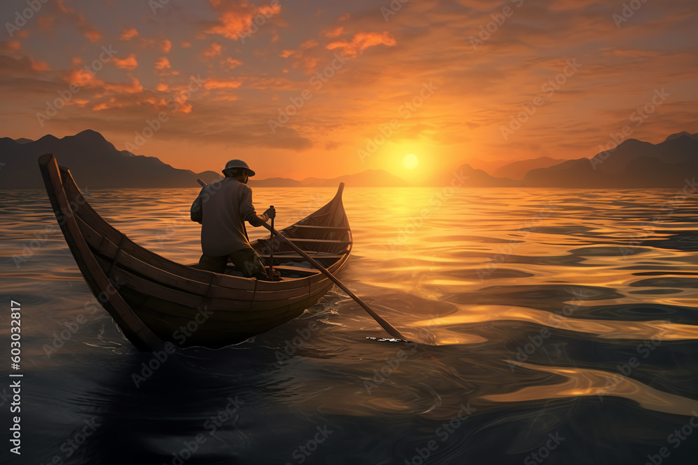an Indonesian fisherman in the boat at sunrise. generative AI