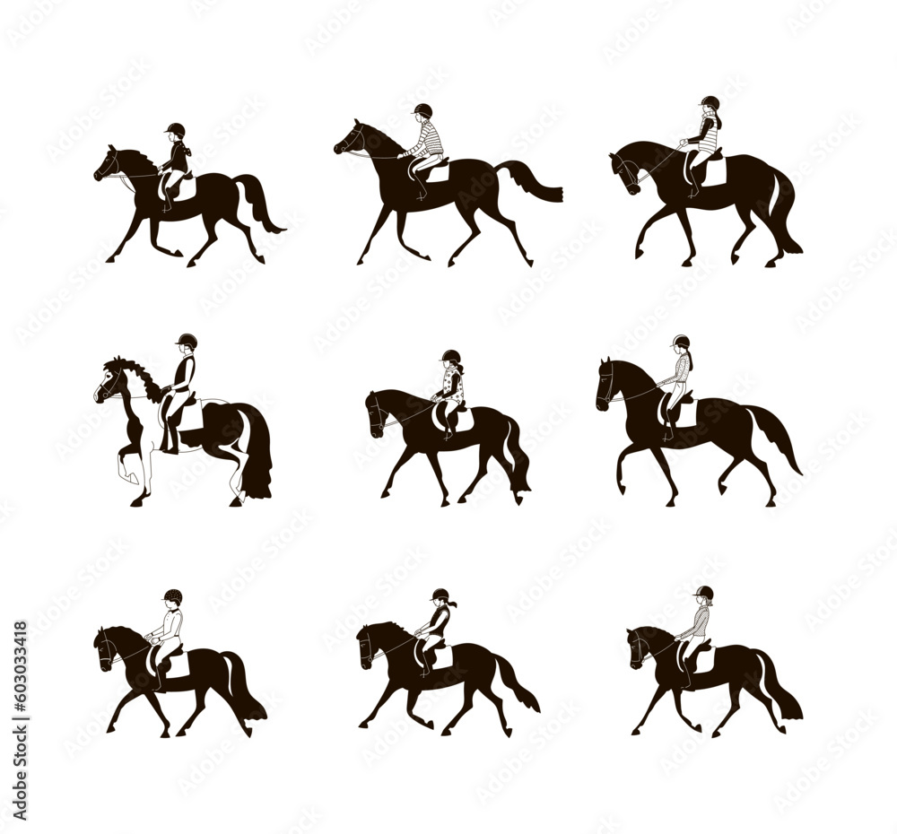 Obraz premium Riding school students, trotting, black and white vector illustration