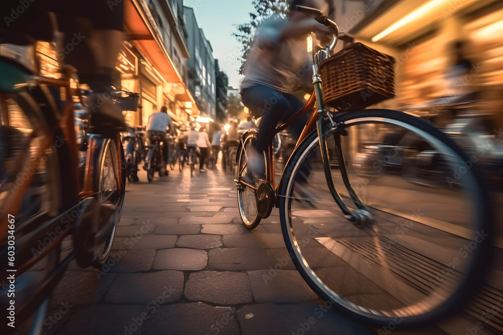 bicycles on a crowded city Long-exposure photography. generative AI
