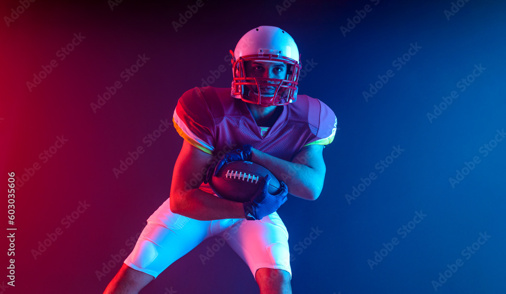 American football player. Download high resolution photo for sports design. Horizontal banner in neon colors. Mockup for betting advertisement.