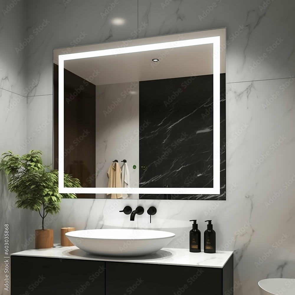 Illuminated Bathroom Mirror with LED Front and Back Lighting. Generative ai - obrazy, fototapety, plakaty 