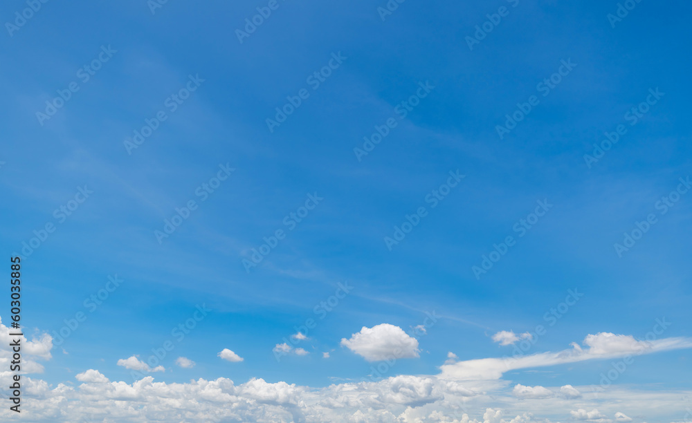 Panoramic view of clear blue sky and clouds, Blue sky background with tiny clouds. White fluffy clouds in the blue sky. Panoramic view of clear blue sky and clouds, Blue sky background with tiny clouds. White fluffy clouds in the blue sky.