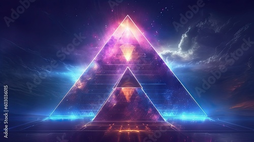 Futuristic Egyptian pyramid neon light in milky way night space galaxy in desert night sky AI Generated
