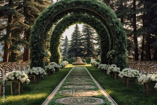 Wedding backdrop outdoor lawn with flower accents archway aisle AI Generated