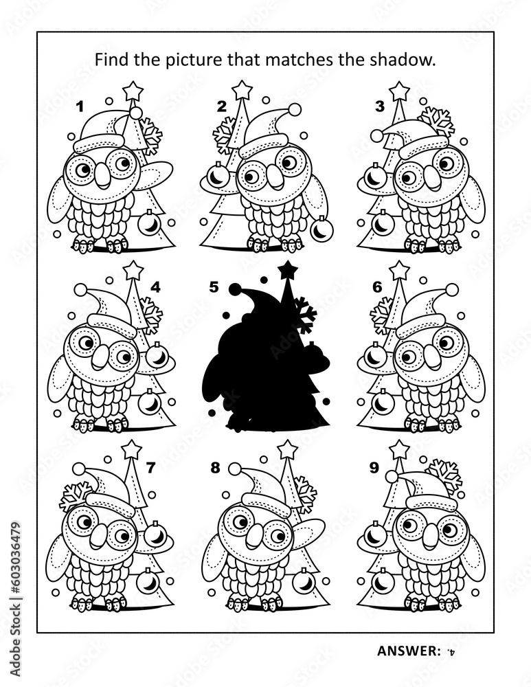 Obraz premium Shadow game with cute owl decorating christmas tree: Find the picture that matches the shadow. Answer included. 