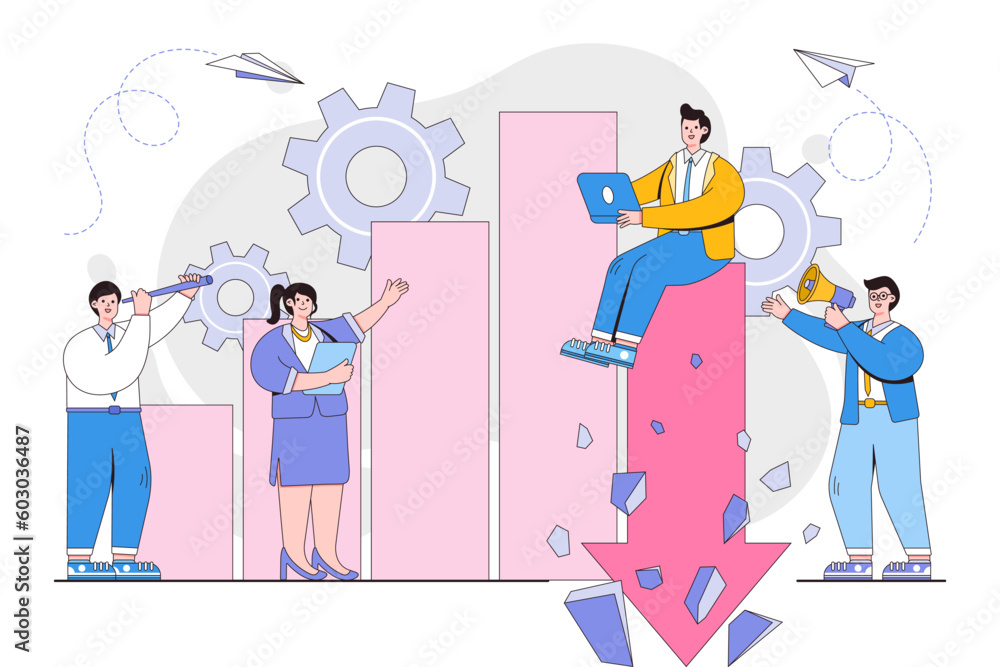 Vector illustration of investment management, company is engaged in joint problem solving, sales decline, downward decline with people characters Vector illustration of investment management, company is engaged in joint problem solving, sales decline, downward decline with people characters