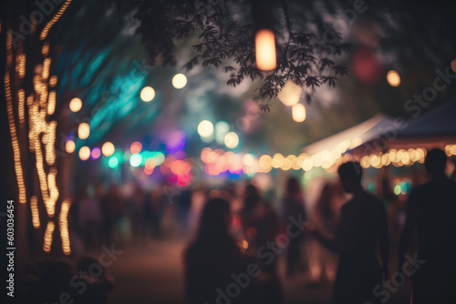 Night festival in the park. Blurred background with lights of garlands. Photorealistic illustration generative AI. © July P