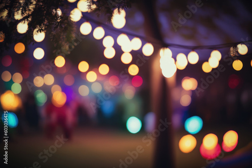 Night festival in the park. Blurred background with lights of garlands. Photorealistic illustration generative AI.