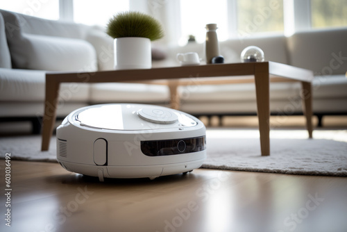 Robot vacuum cleaner on the floor in a modern apartment. Photorealistic illustration generative AI.