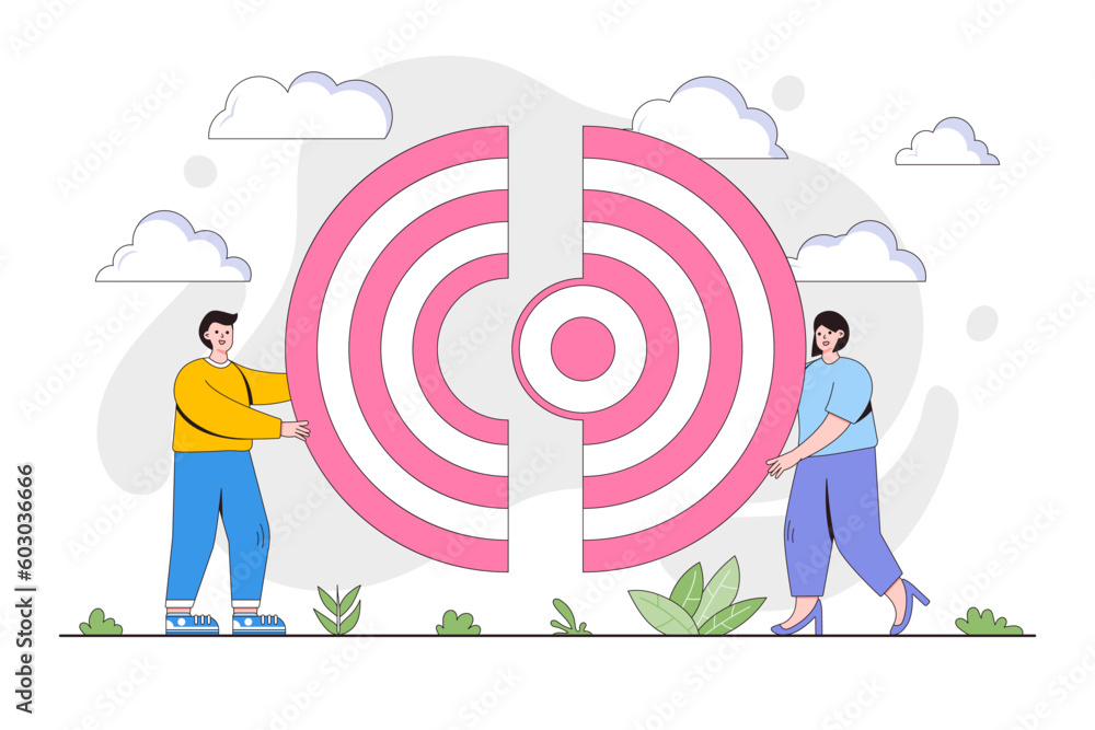 Vector illustration of connection of two halves target puzzle, teamwork and cooperation with people characters Vector illustration of connection of two halves target puzzle, teamwork and cooperation with people characters