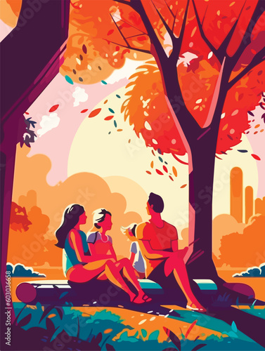 Happy family walking in park. Poster in retro style. Vector illustration