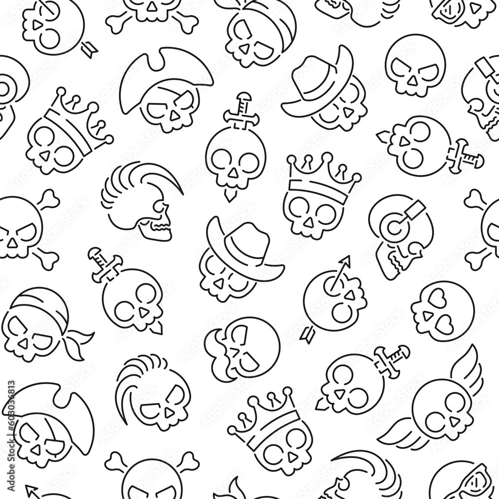 Obraz premium Seamless pattern with skull. Black and white thin line icons