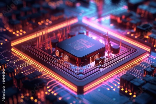 Futuristic ?omputer microchips and processors on electronic circuit board. Abstract technology microelectronics concept background. Generated by AI