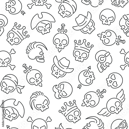 Seamless pattern with skull. Black and white thin line icons