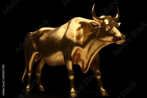 Strong and Wild: A Majestic Golden Bull on a Black Background, Perfect for Stock Exchange and False God Concepts: Generative AI