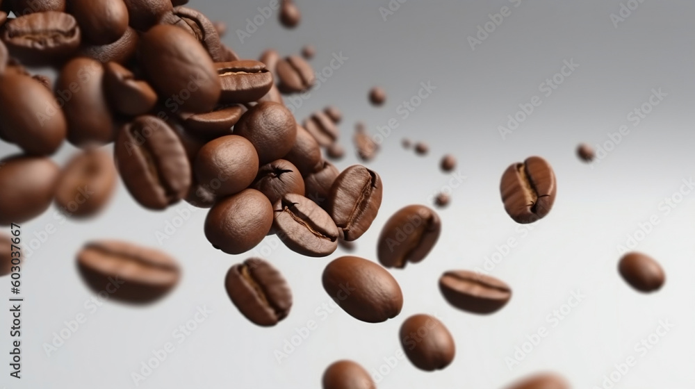 Obraz premium Coffee beans, Falling, Close-up, Macro, Roasted, Aroma, Fragrance, Espresso, Caffeine, Pouring, Brewing, Fresh, Dark roast, Aromatic, Coffee grinder, Drip, Morning ritual, Mocha, Barista, Coffee shop,