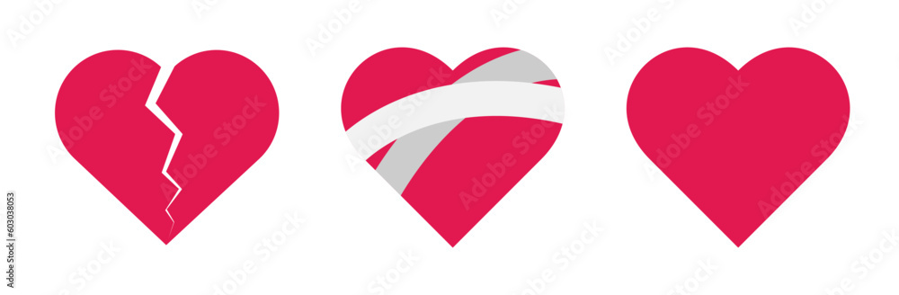 Broken hearts vector set and symbols in red color with wound, patches, stitches and bandages isolated in white background, vector illustration.