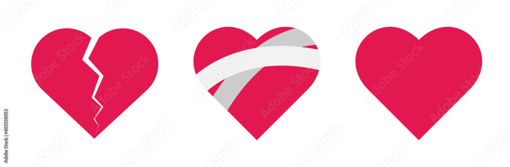 Broken hearts vector set and symbols in red color with wound, patches ...