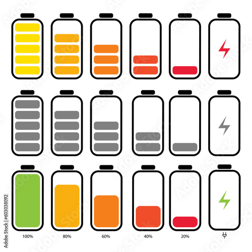 Battery charge indicator icons, phone charge level, color collection of charge power, discharged and fully charged battery, battery charge from high to low, power running low up status batteries set l