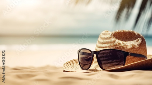  hat and sunglasses on sand beach , summer travel happy holiday Summer Holidays concept ,hat and sea on light by the beach , Copy space of summer vacation ,Generative AI 