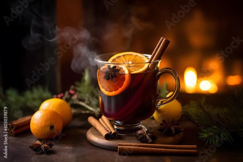 Cozy Christmas Tradition: Mulled Wine and Cinnamon Sticks - Generative AI photo