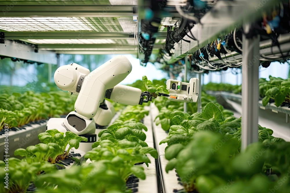 Robotic arms planting plant at a hydroponics aquaponics facility, Modern sustainable carbon neutral farming, Generative AI
