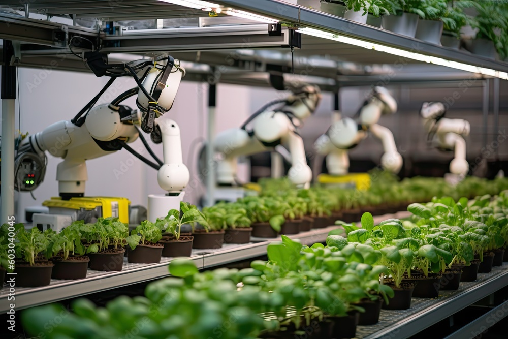 Robotic arms planting plant at a hydroponics aquaponics facility, Modern sustainable carbon neutral farming, Generative AI