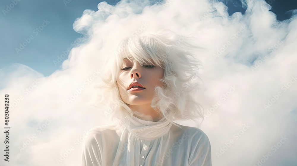 Illustration of a girl in the clouds. Generative AI.