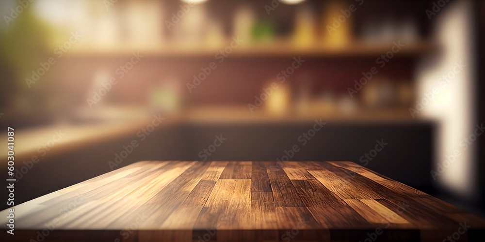 Wooden tabletop with blurred background for display or montage. Free space wood table top. AI generated image