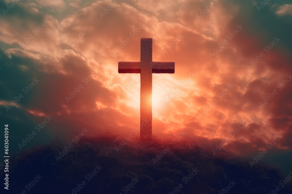 Illuminated Cross Symbolizing Ascension Day at Sunrise - Generative AI