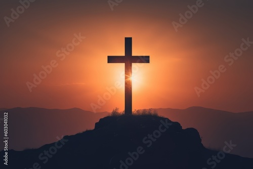 Illuminated Cross Symbolizing Ascension Day at Sunrise - Generative AI