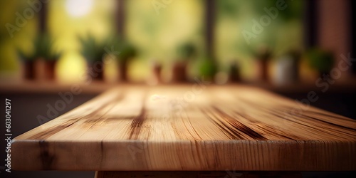 Wooden tabletop with blurred background for display or montage. Free space wood table top. AI generated image © Jing